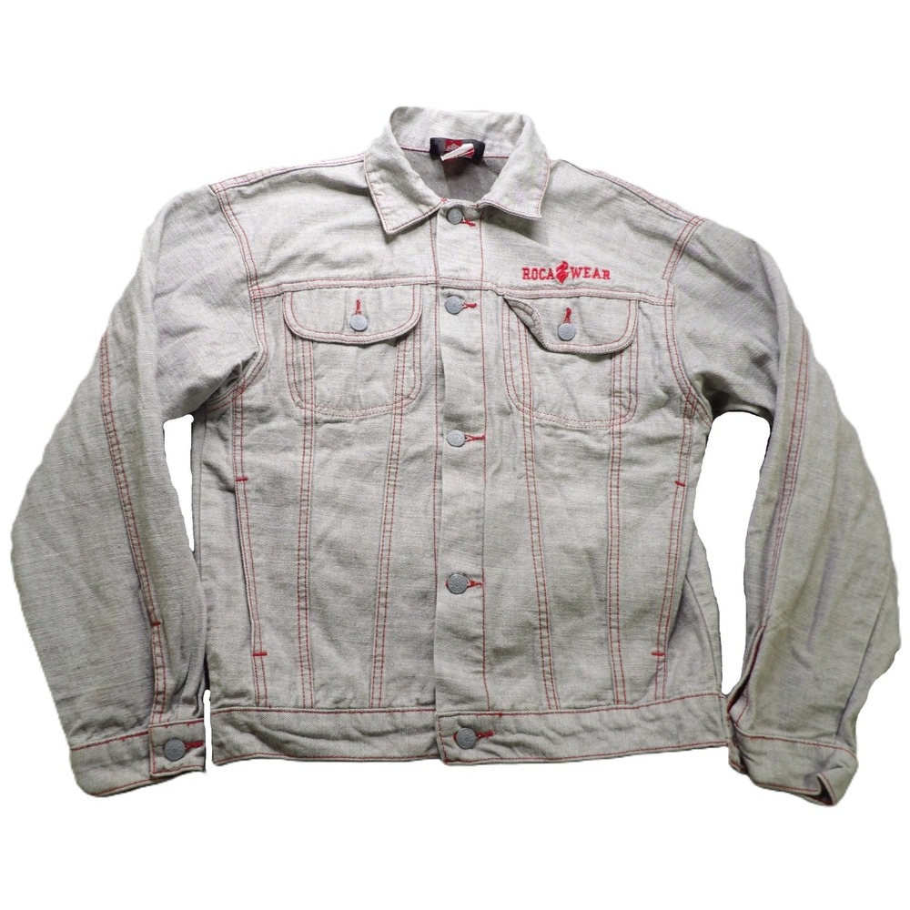 VTG Rocawear Y2K Hip Hop Contrast Stitch Denim Jacket Boys 16 Gray Red Outerwear